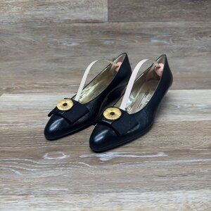 Bruno Magli Black Leather Wedge Heel Gold Medallion Shoes Women's Size 7.5